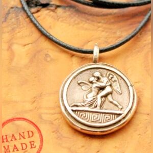 Eros & Psyche Handmade Bronze Pendant Leather Cord Necklace
